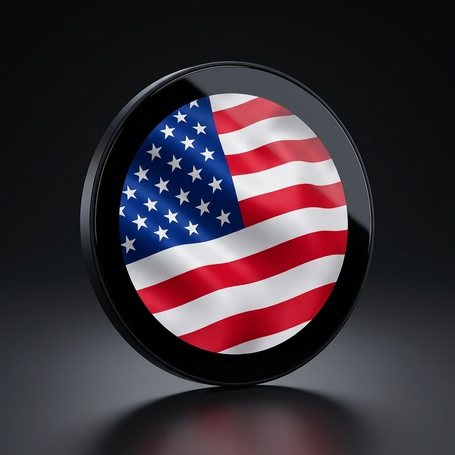 BadgeFLEX digital car emblem — a round LED trunk badge display showing the American flag